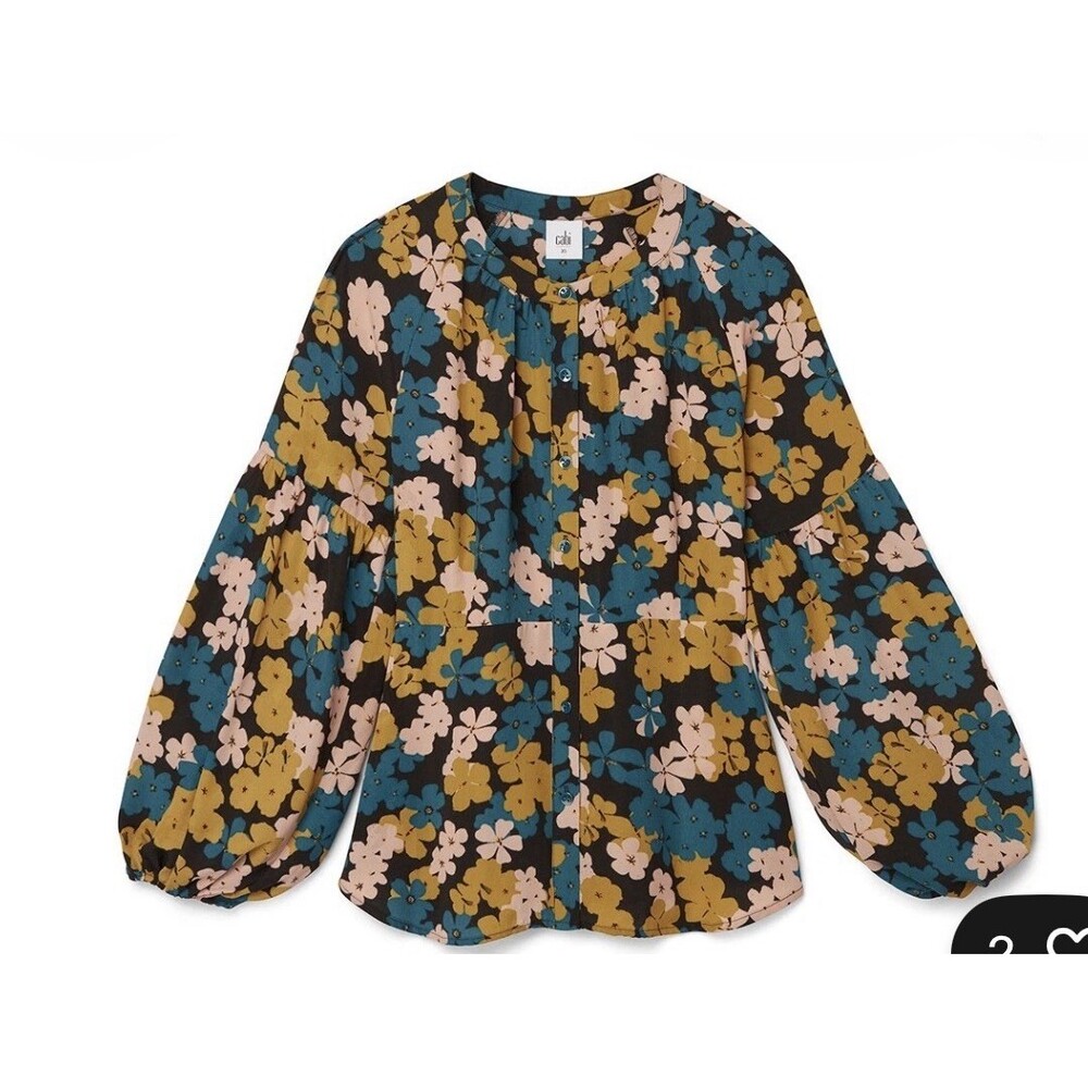 Cabi Favorite Blouse Size XL Floral Fall Puff Sleeve Flowy Work Corporate
